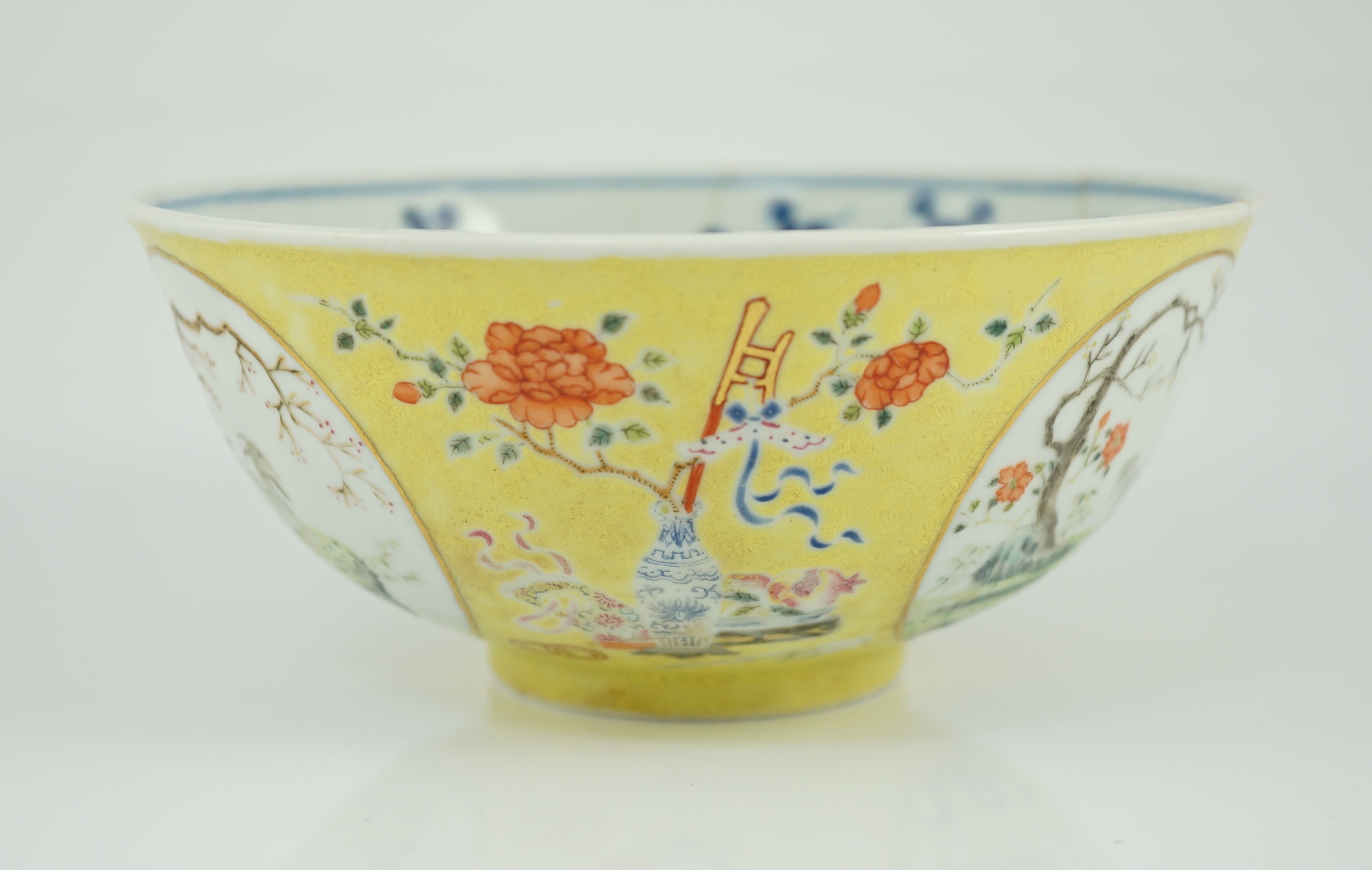 A Chinese yellow ground medallion bowl, Guangxu six character mark and of the period (1875-1908)